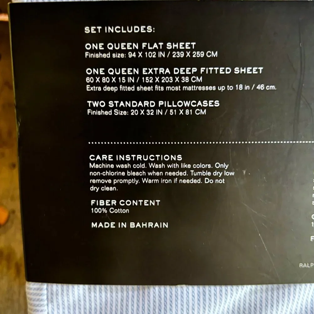 Ralph Lauren Queen Size Light Blue Pinstripe Sheet Set 100% Crisp Percale Cotton - Picture 3 of 3